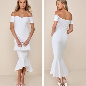 Lulus How Much I Care Ivory Off-the-Shoulder Midi Dress Small NWT Mermaid Bride